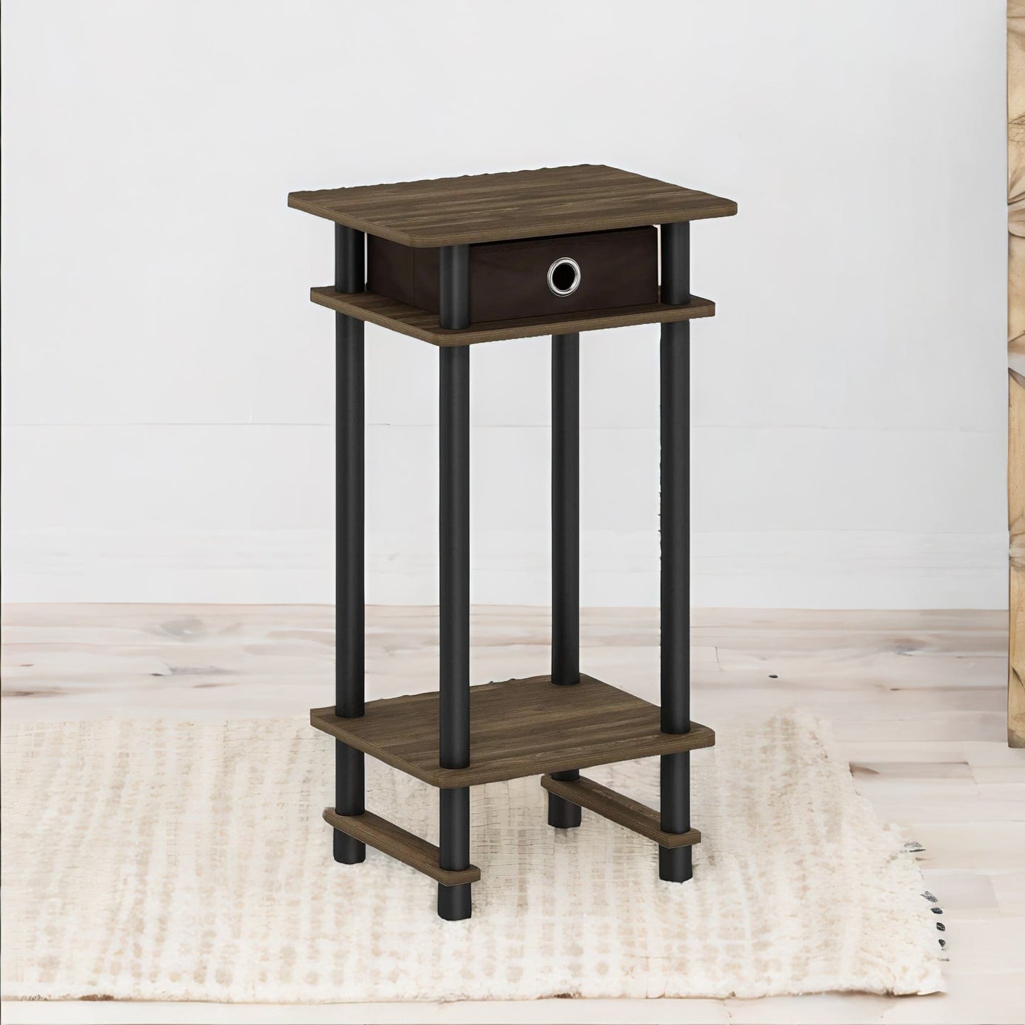 industrial rustic side table with fabric drawer