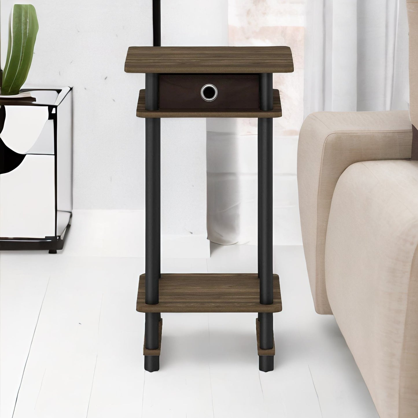 industrial rustic side table with fabric drawer