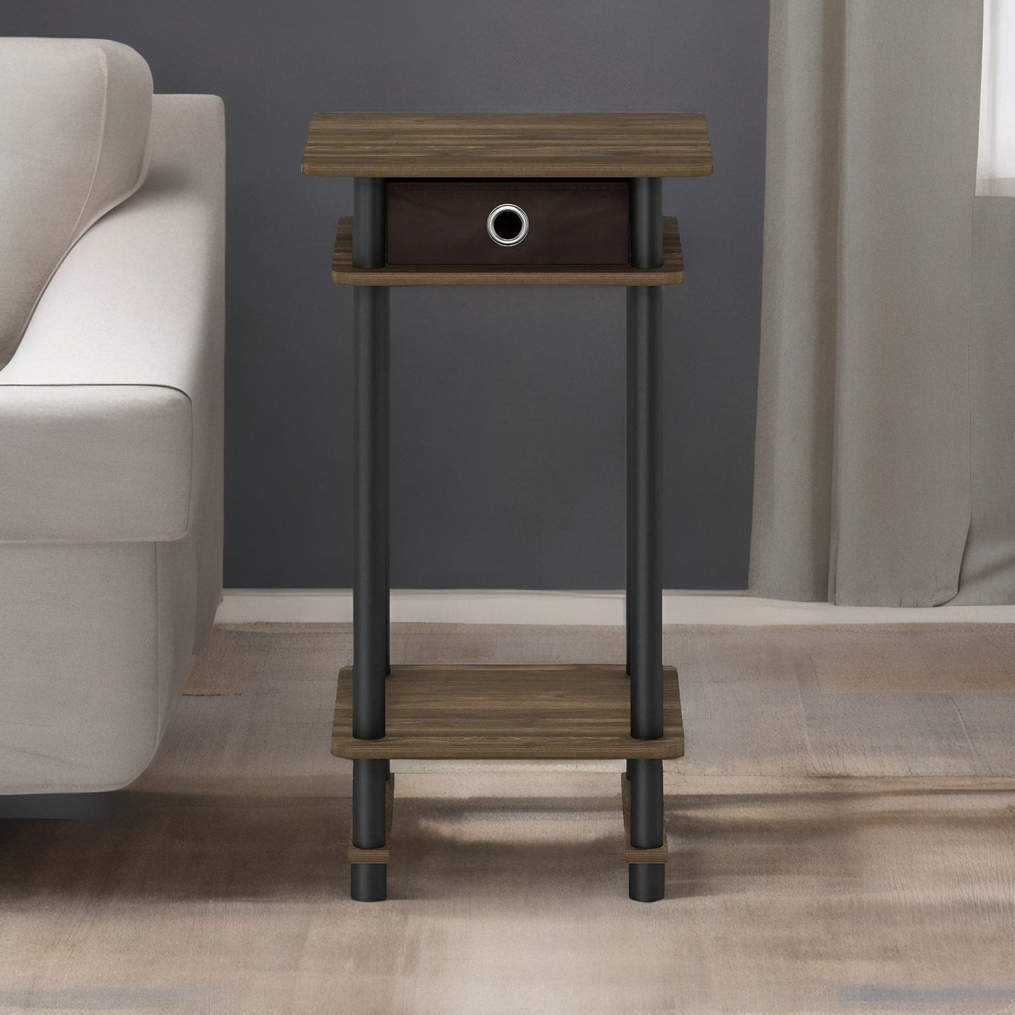 industrial rustic side table with fabric drawer