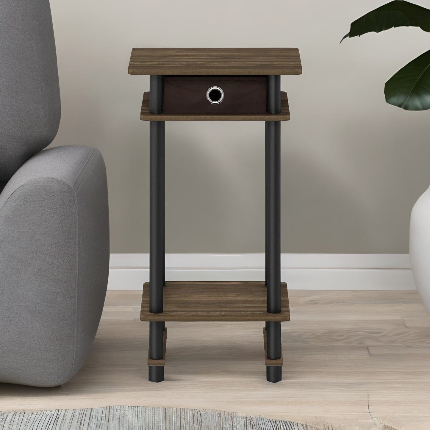 industrial rustic side table with fabric drawer