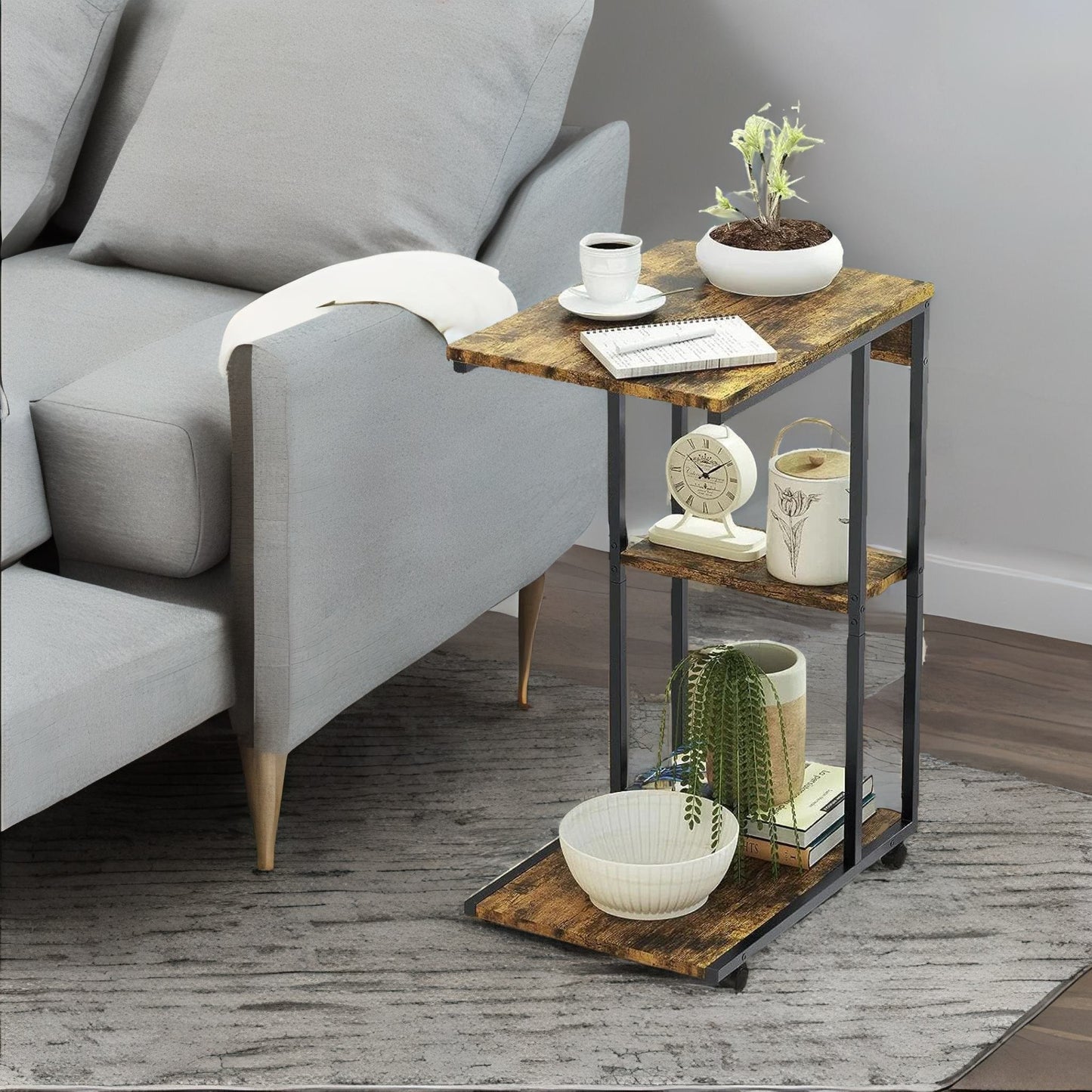 c shaped side table with 3 shelves & wheels