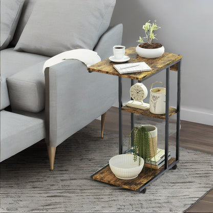 C Shaped Side Table With 3 Shelves & Wheels