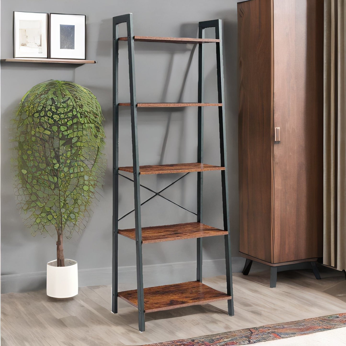 5 tier free standing ladder shelf for living room storage rustic brown