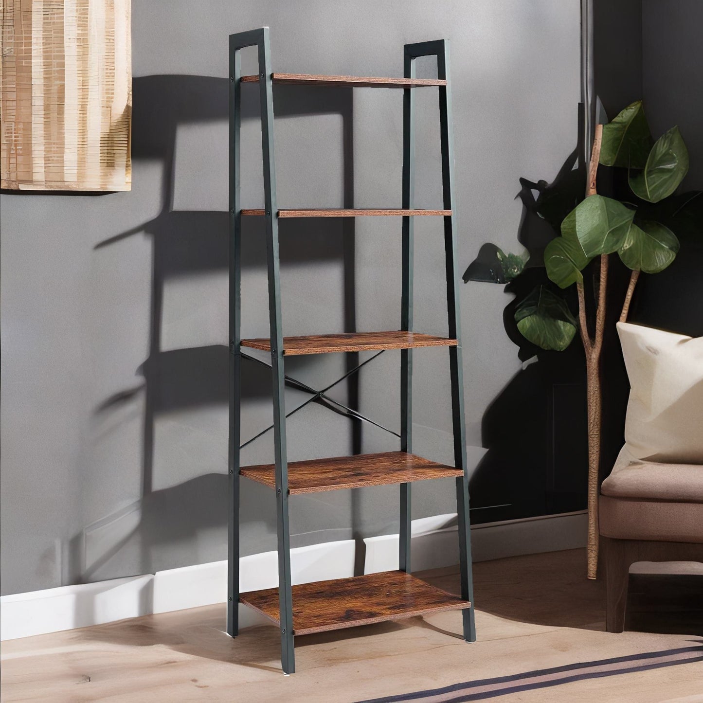 5 tier free standing ladder shelf for living room storage rustic brown