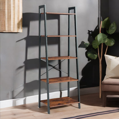 5 Tier Free Standing Ladder Shelf For Living Room Storage Rustic Brown