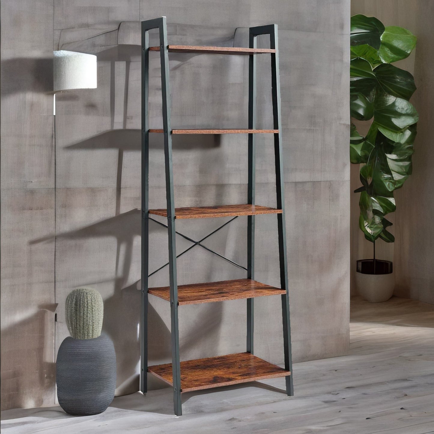 5 tier free standing ladder shelf for living room storage rustic brown