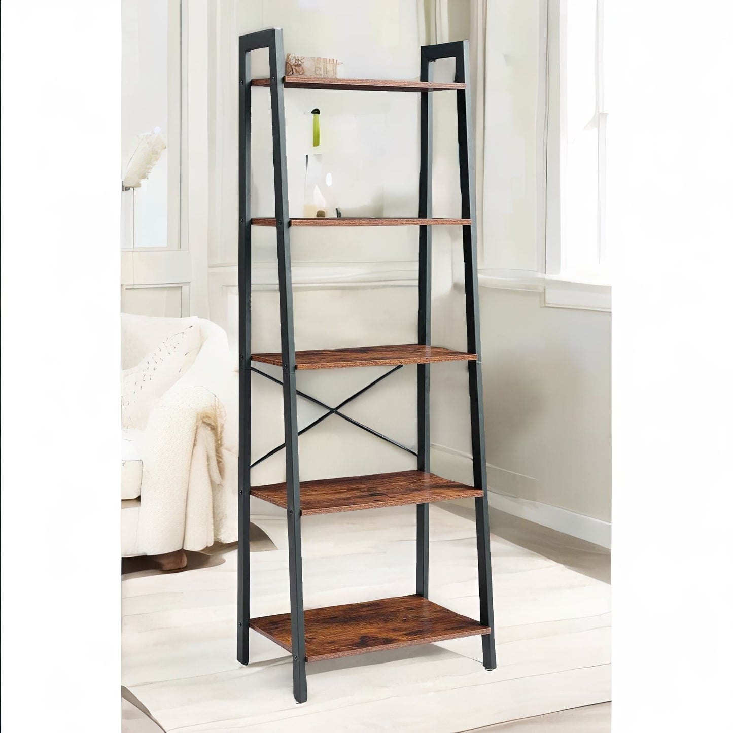 5 tier free standing ladder shelf for living room storage rustic brown