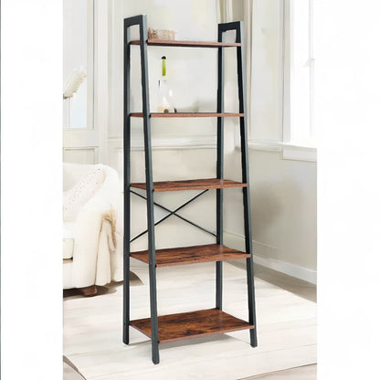 5 Tier Free Standing Ladder Shelf For Living Room Storage Rustic Brown