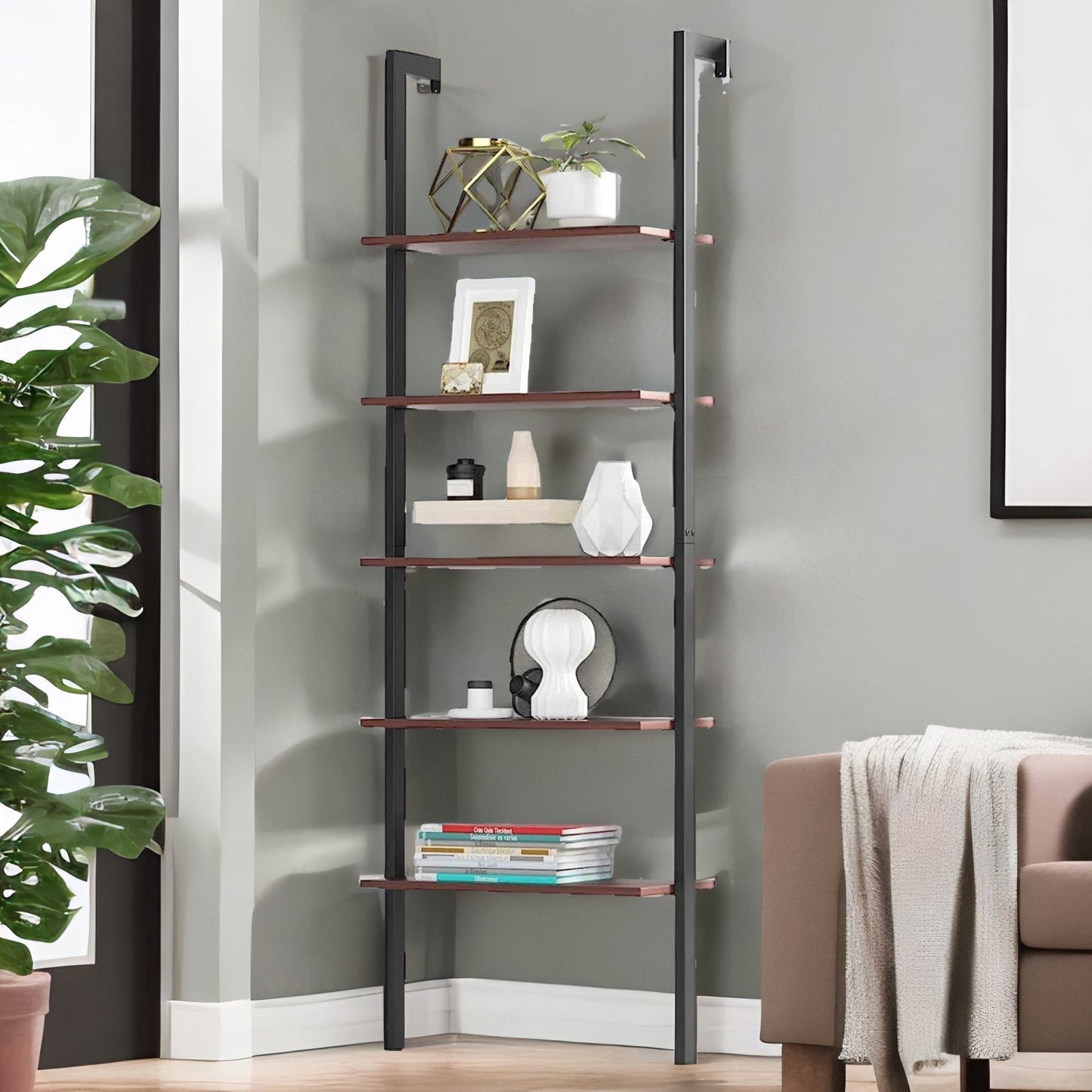 5 tier wall mounted storage ladder shelf for living room