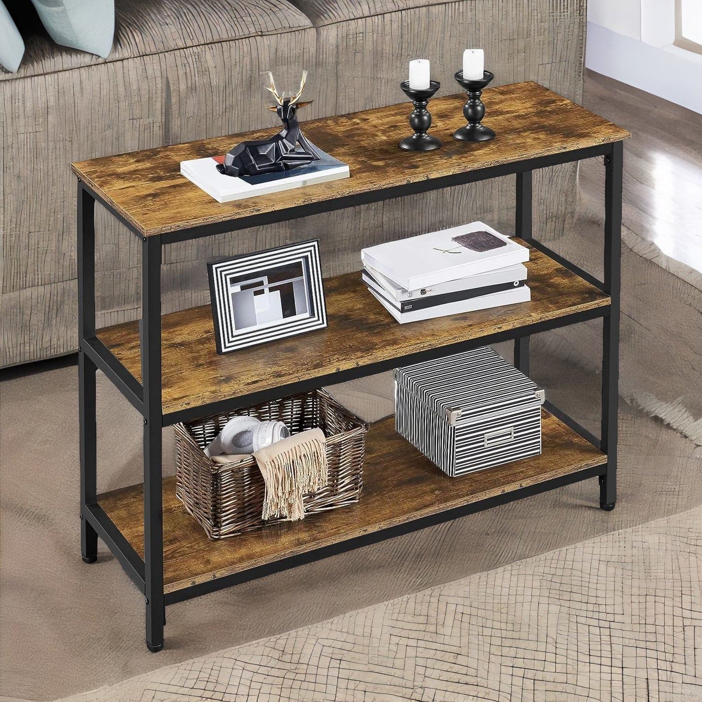 3 tier console table for hallway rustic brown