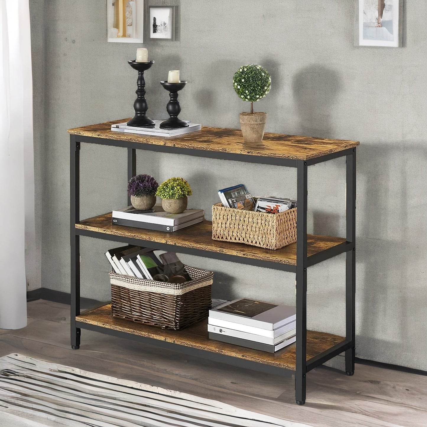 3 tier console table for hallway rustic brown