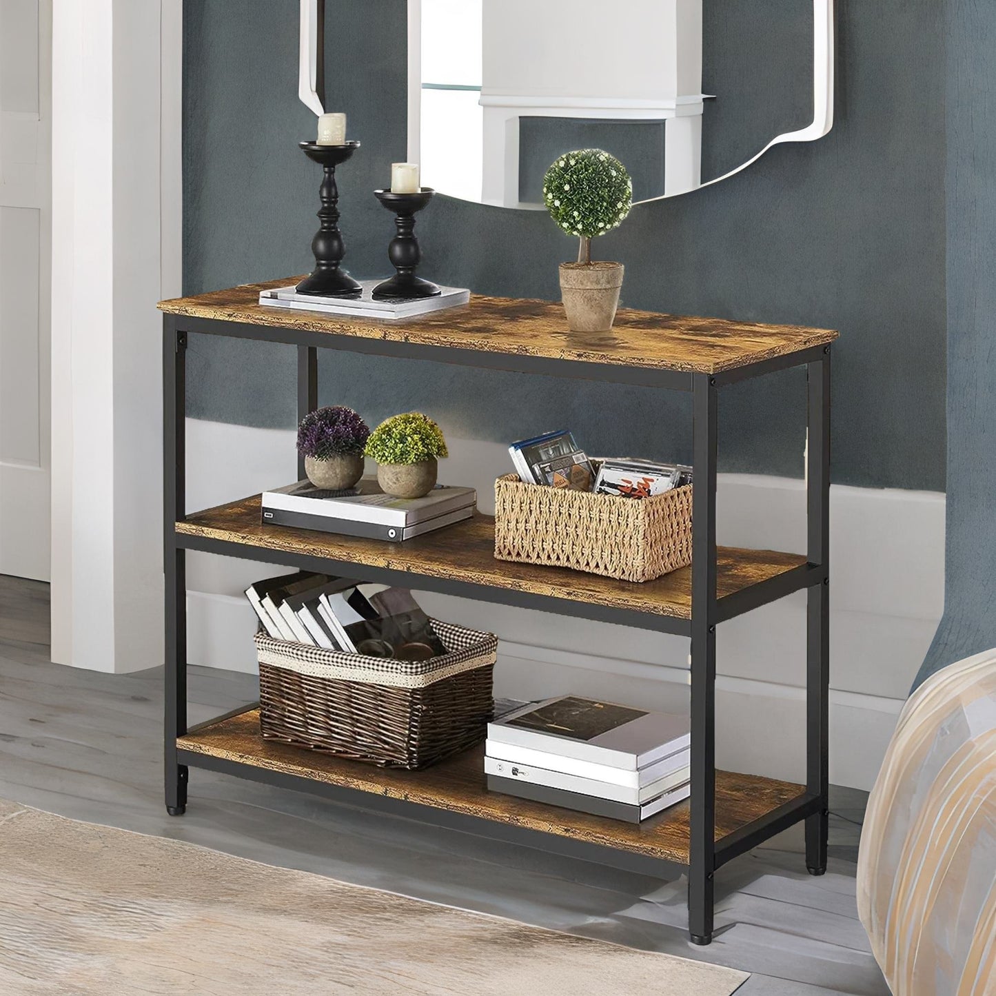 3 tier console table for hallway rustic brown