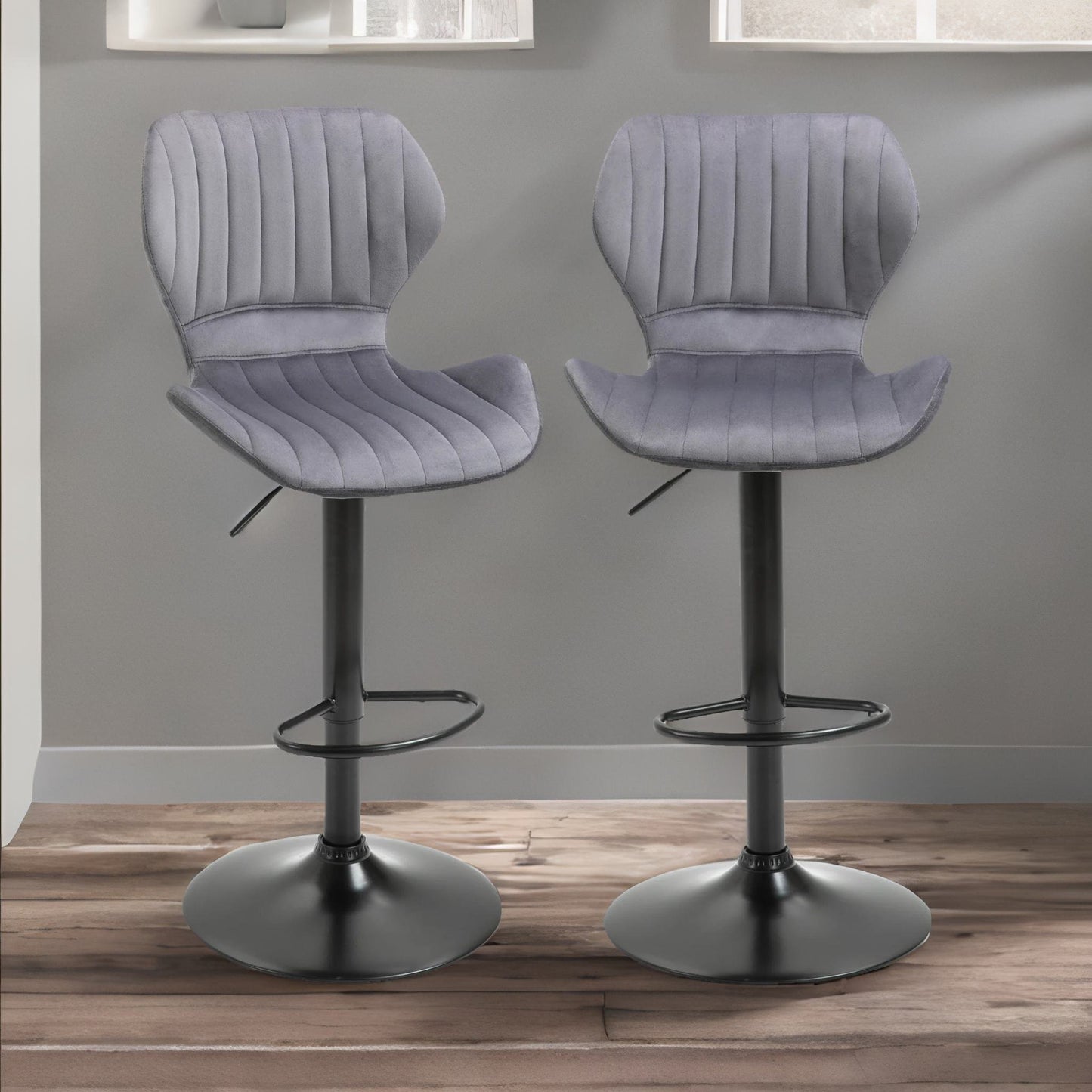 grey retro velvet bar stools set of 2 with adjustable height & swivel