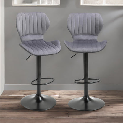 Grey Retro Velvet Bar Stools Set Of 2 With Adjustable Height & Swivel