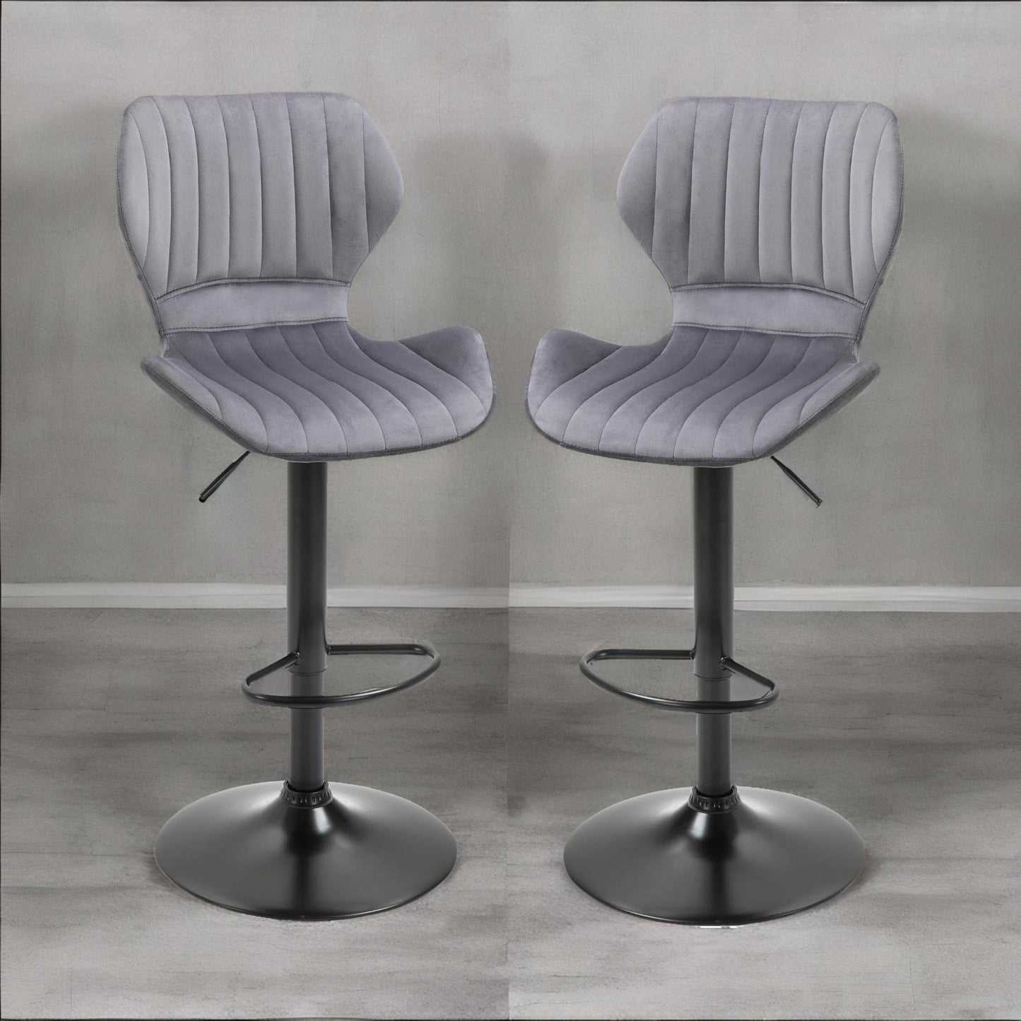 grey retro velvet bar stools set of 2 with adjustable height & swivel