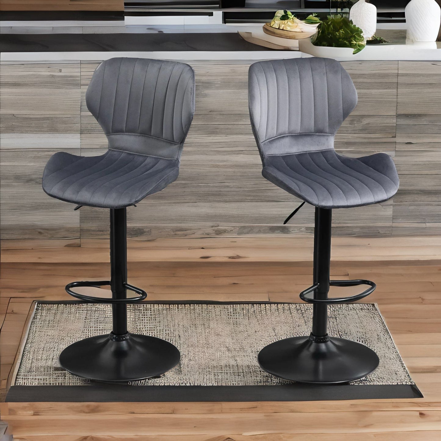 grey retro velvet bar stools set of 2 with adjustable height & swivel