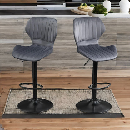 Grey Retro Velvet Bar Stools Set Of 2 With Adjustable Height & Swivel