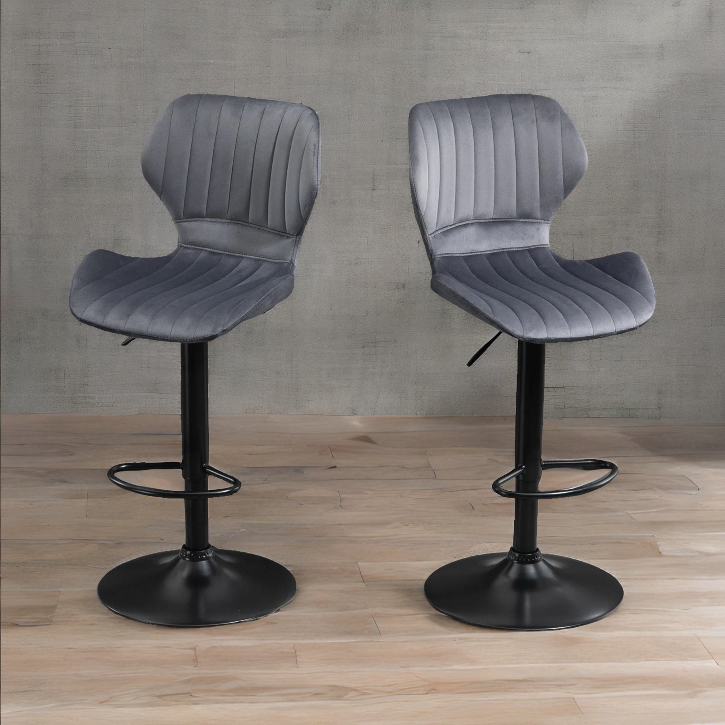 grey retro velvet bar stools set of 2 with adjustable height & swivel