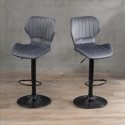 Grey Retro Velvet Bar Stools Set Of 2 With Adjustable Height & Swivel