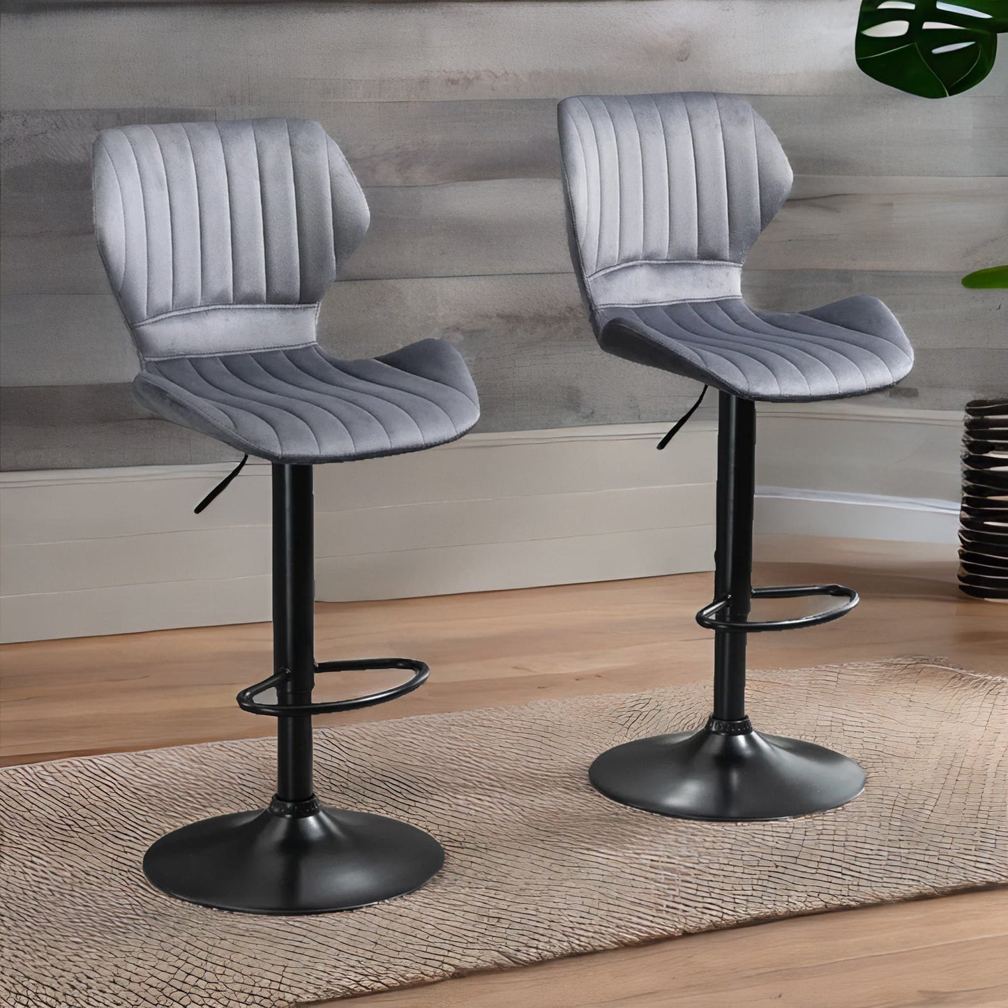 grey retro velvet bar stools set of 2 with adjustable height & swivel