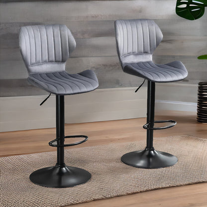 Grey Retro Velvet Bar Stools Set Of 2 With Adjustable Height & Swivel