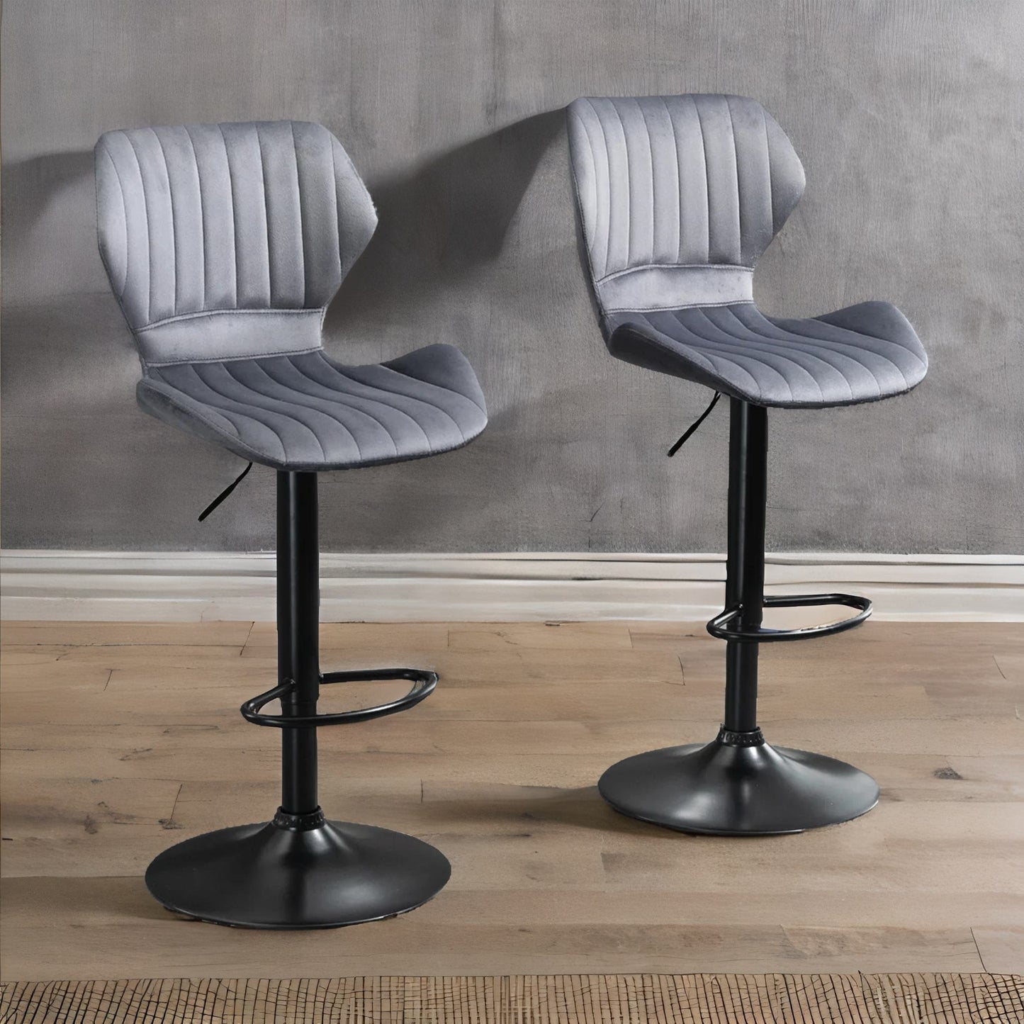 grey retro velvet bar stools set of 2 with adjustable height & swivel