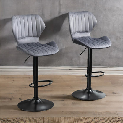 Grey Retro Velvet Bar Stools Set Of 2 With Adjustable Height & Swivel