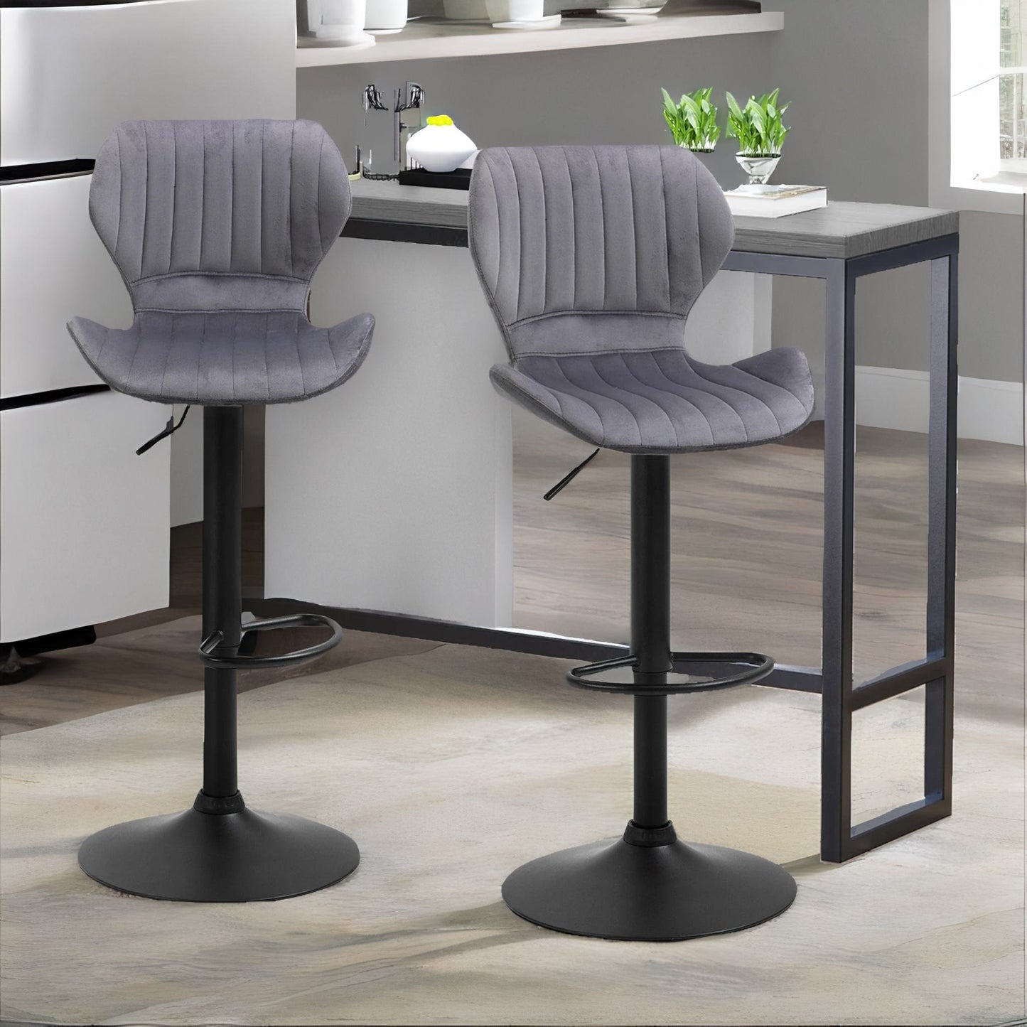 grey retro velvet bar stools set of 2 with adjustable height & swivel