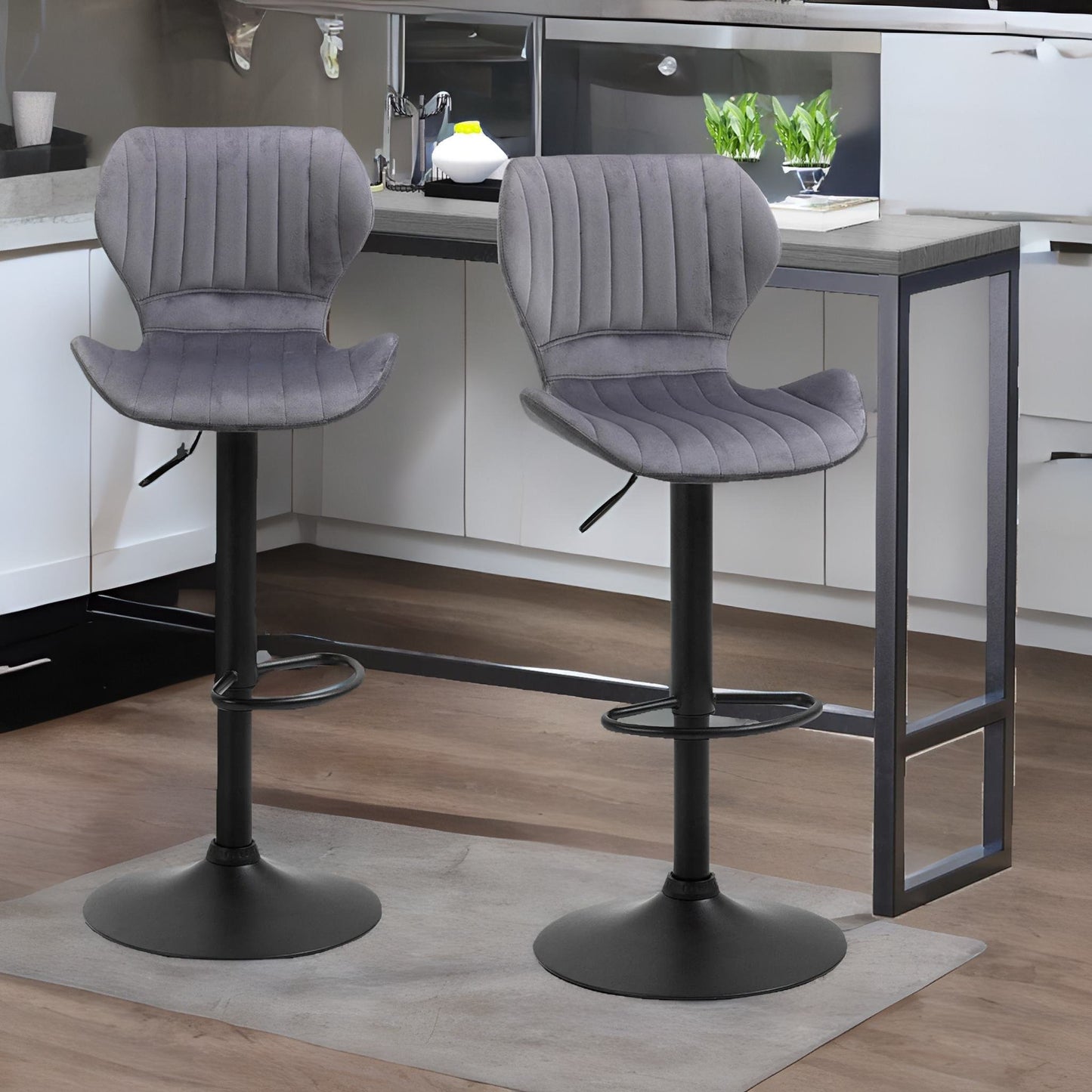 grey retro velvet bar stools set of 2 with adjustable height & swivel