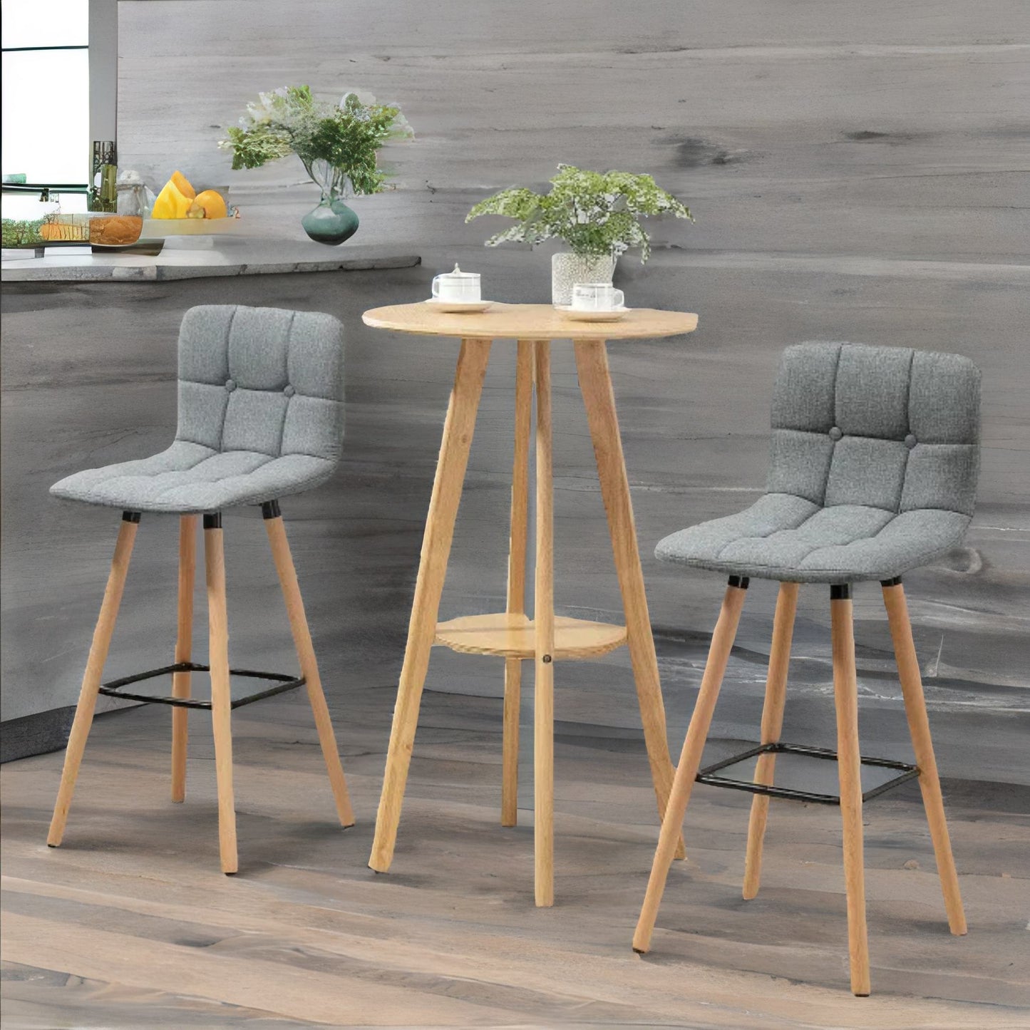 set of 2 wooden bar stools with backs & footrest for kitchen bar