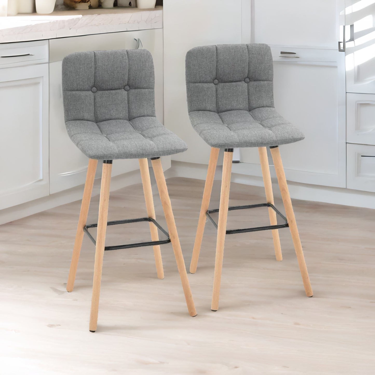 set of 2 wooden bar stools with backs & footrest for kitchen bar