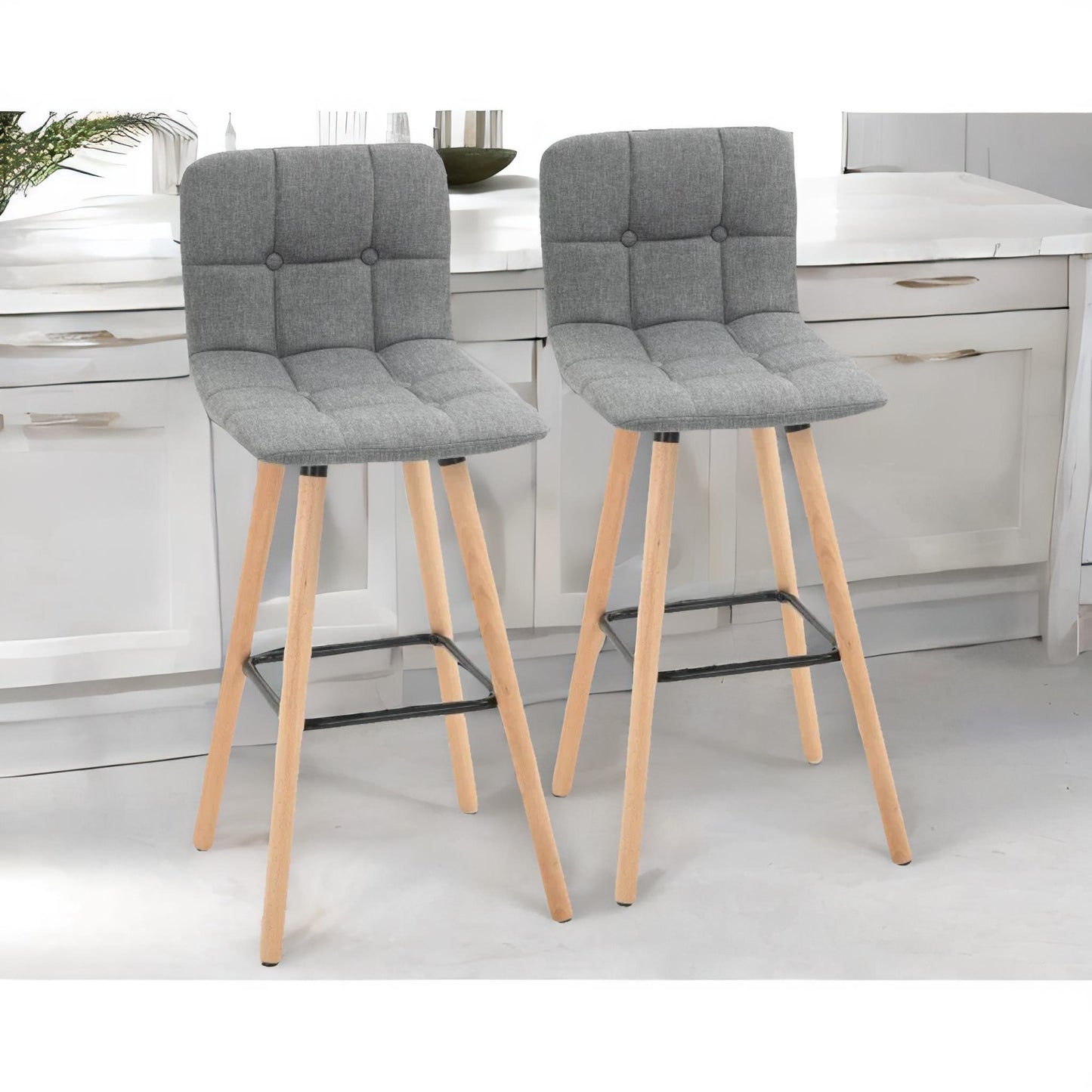 set of 2 wooden bar stools with backs & footrest for kitchen bar