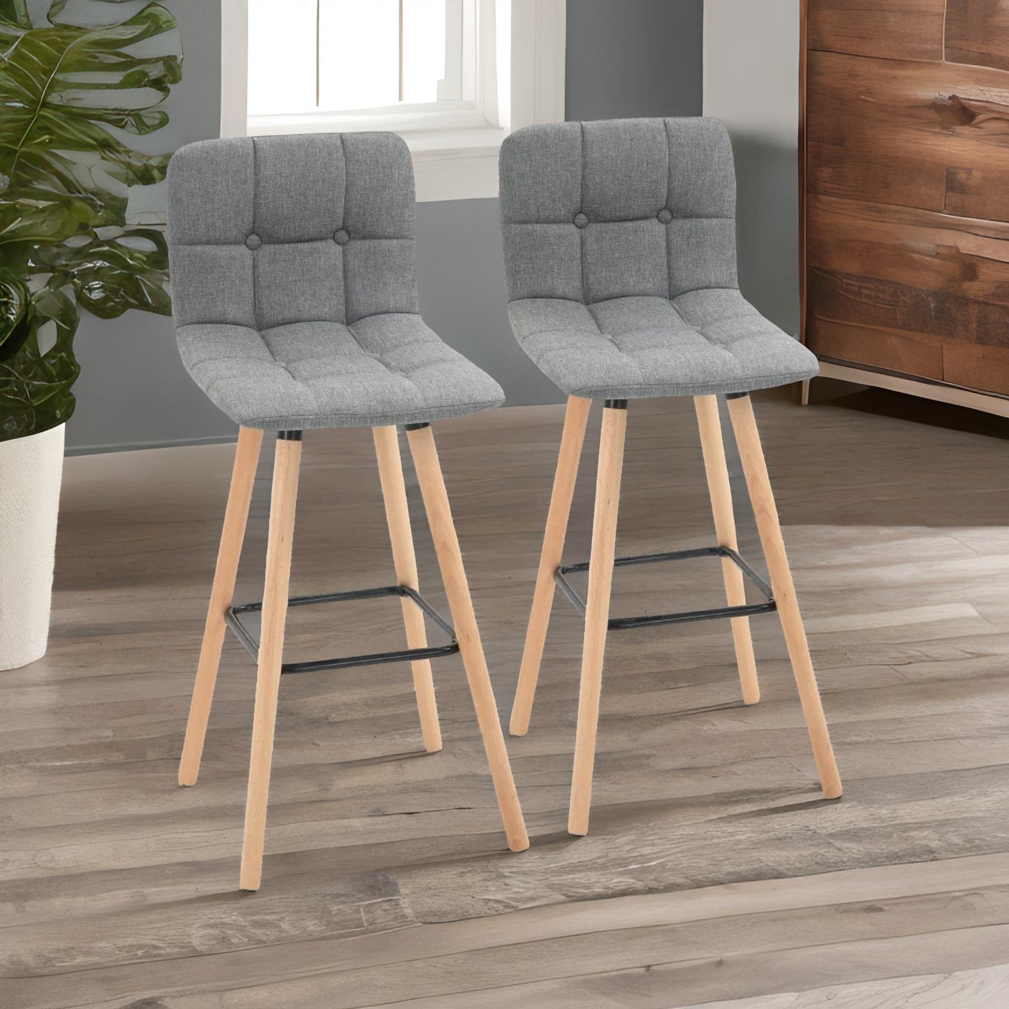 set of 2 wooden bar stools with backs & footrest for kitchen bar