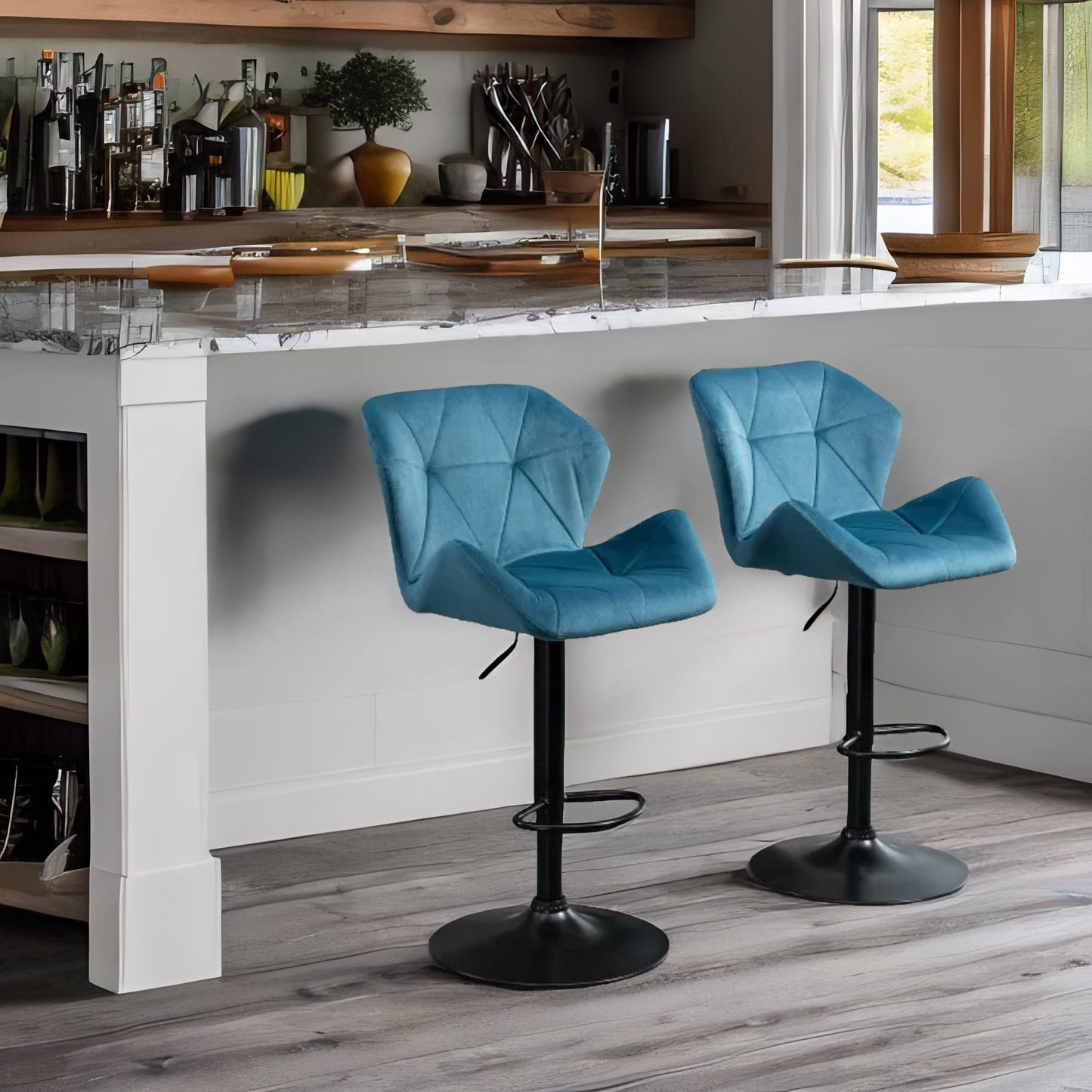 set of 2 adjustable height retro blue bar stools