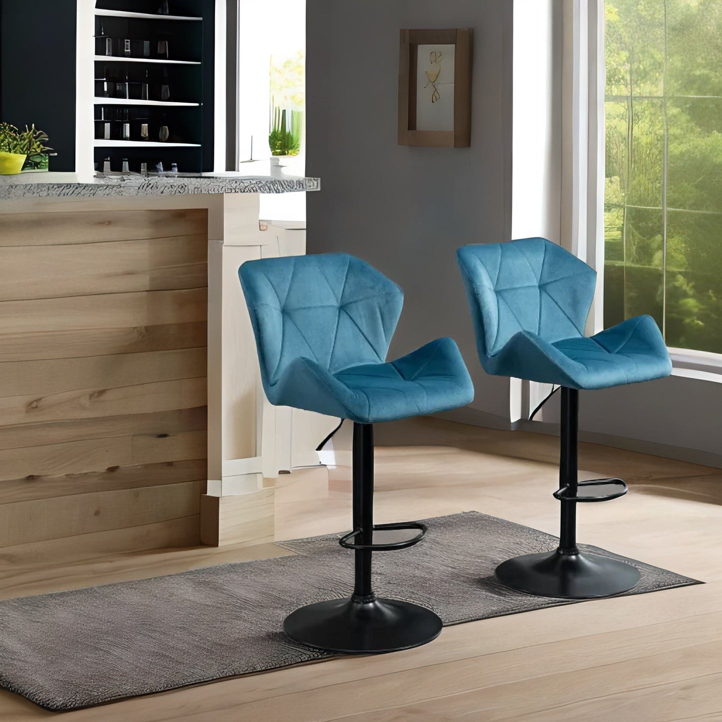 set of 2 adjustable height retro blue bar stools