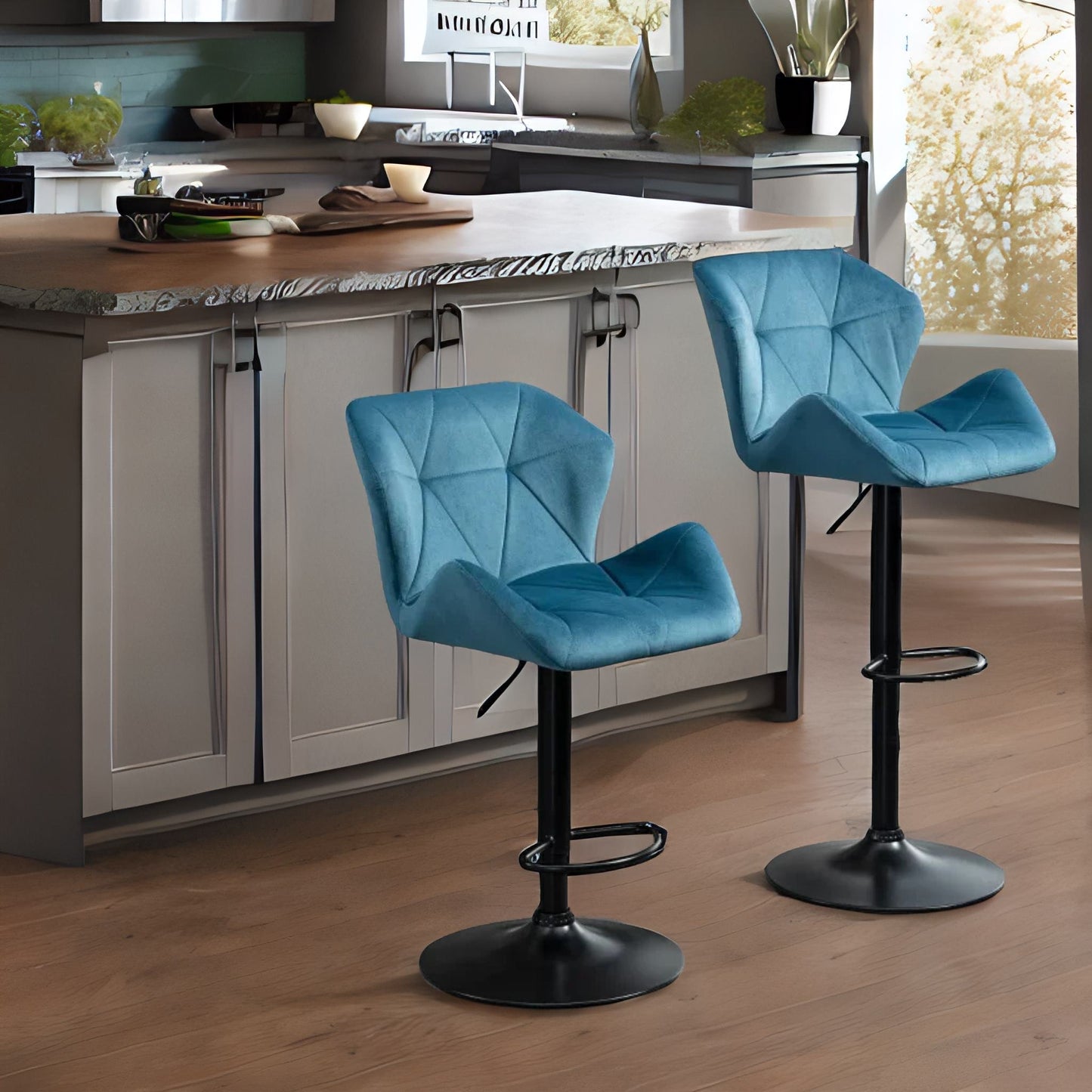 set of 2 adjustable height retro blue bar stools