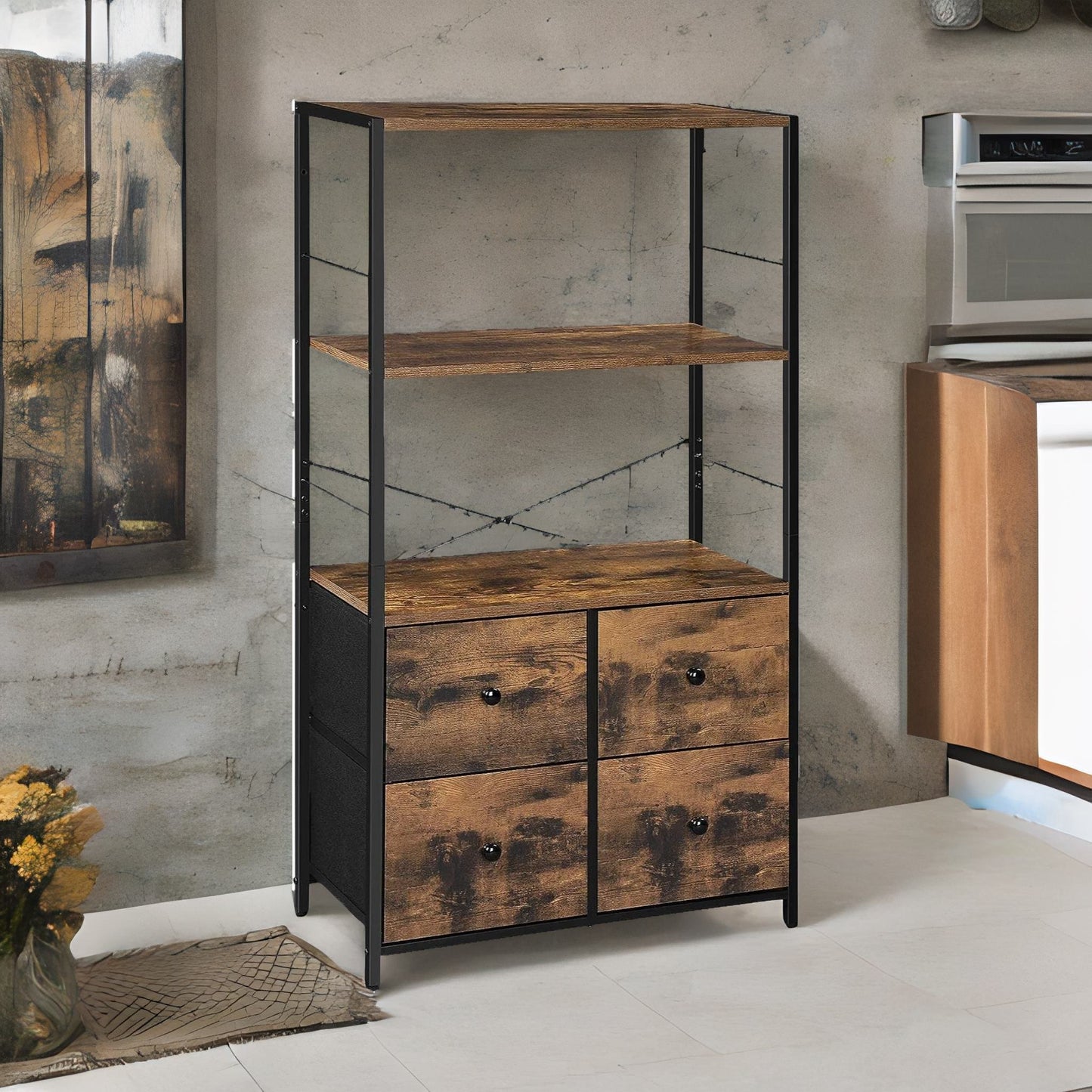 industrial bookcase with 2 large drawers & 2 shelves