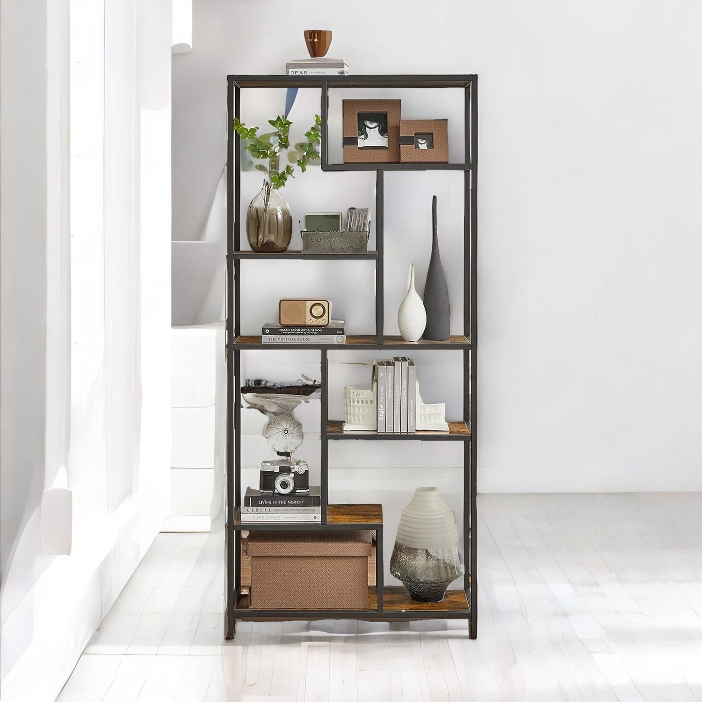 175cm tall industrial bookcase with 6 tiered shelves