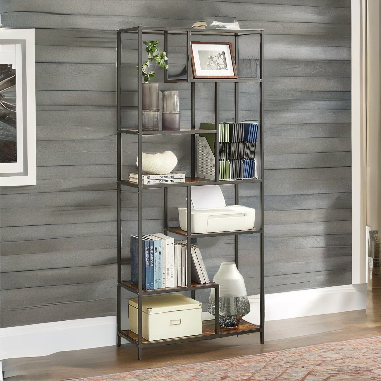 175cm tall industrial bookcase with 6 tiered shelves