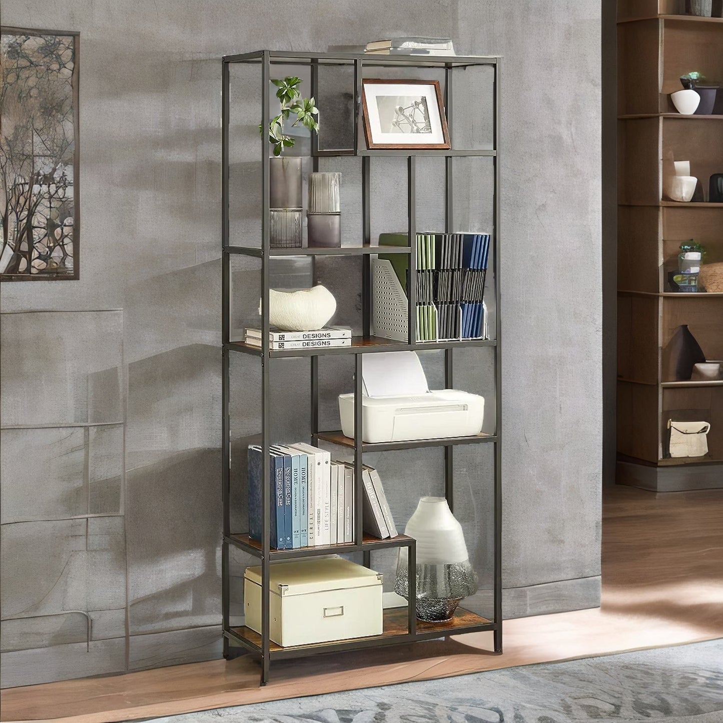 175cm tall industrial bookcase with 6 tiered shelves