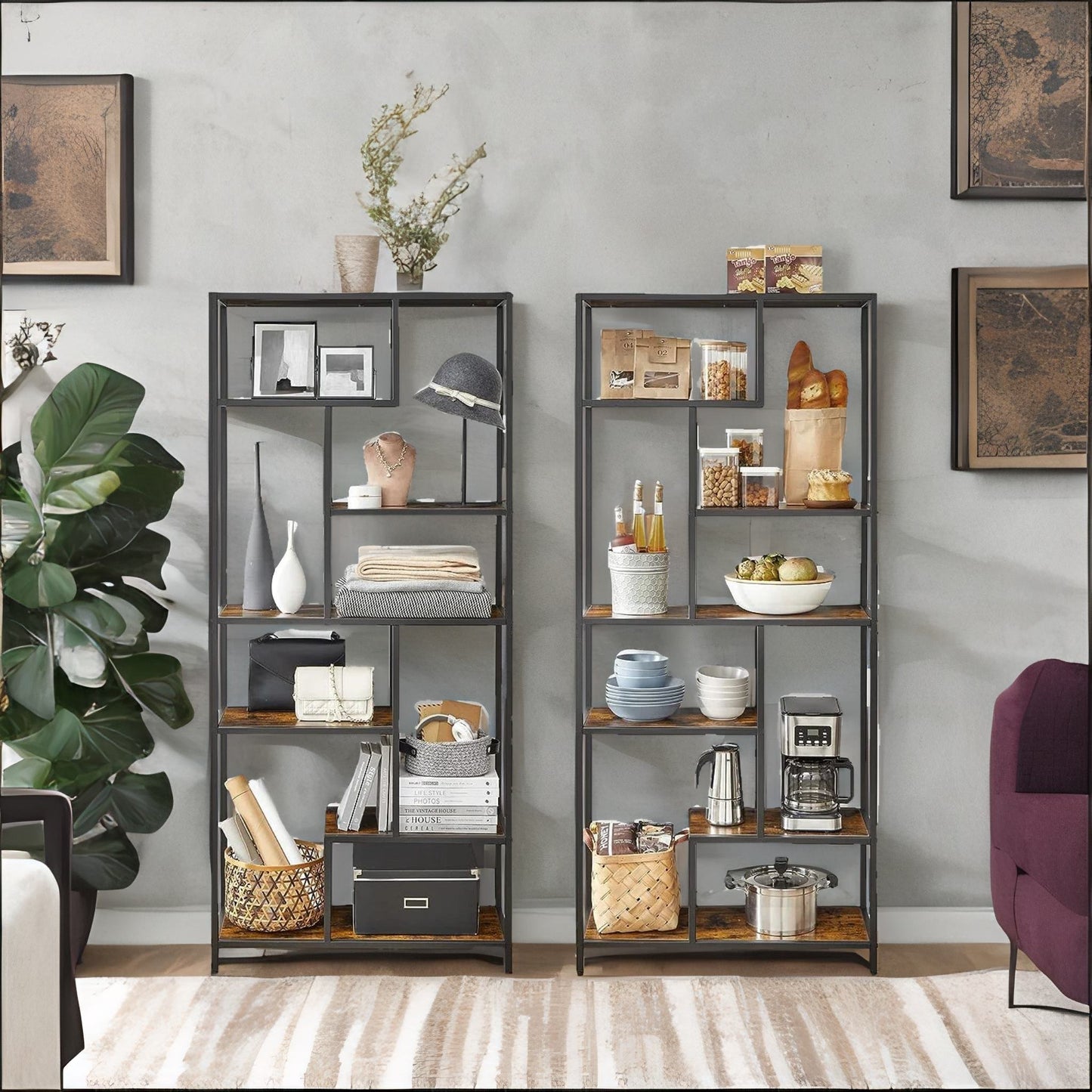 175cm tall industrial bookcase with 6 tiered shelves