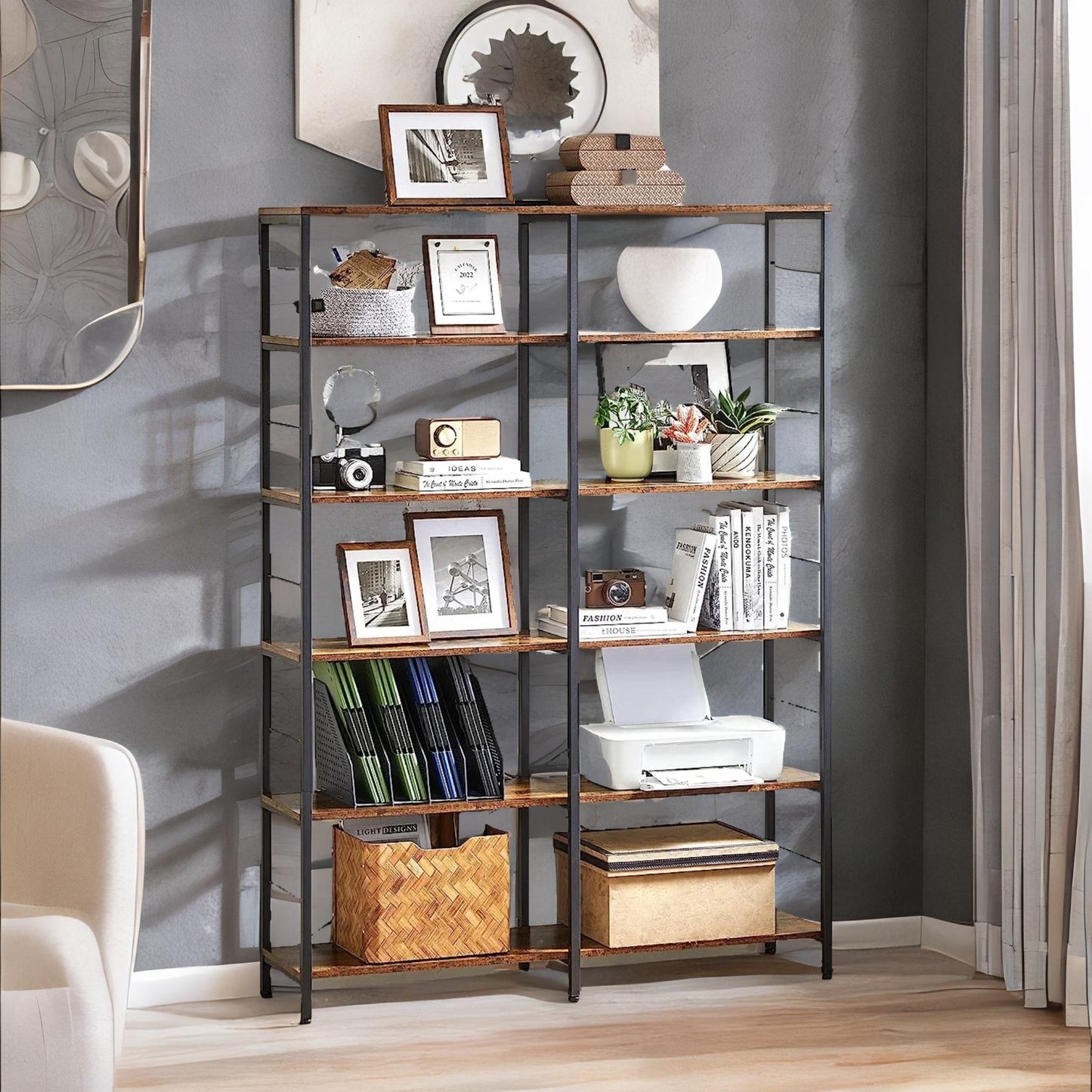 6 tier industrial bookcase large