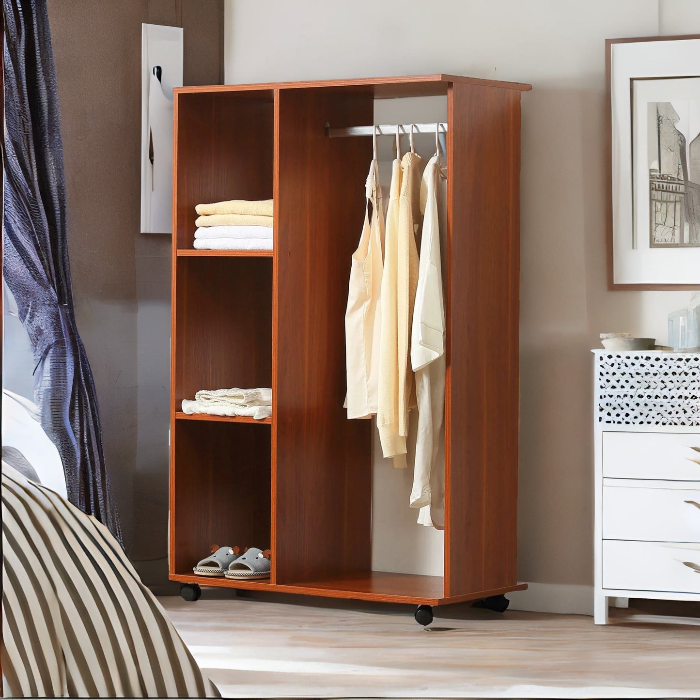 small open wardrobe with wheels walnut brown