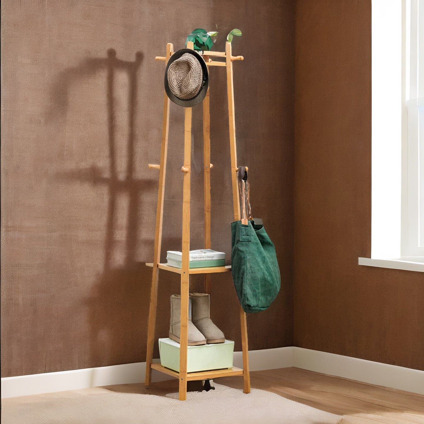 bamboo coat rack stand with 3 shelves