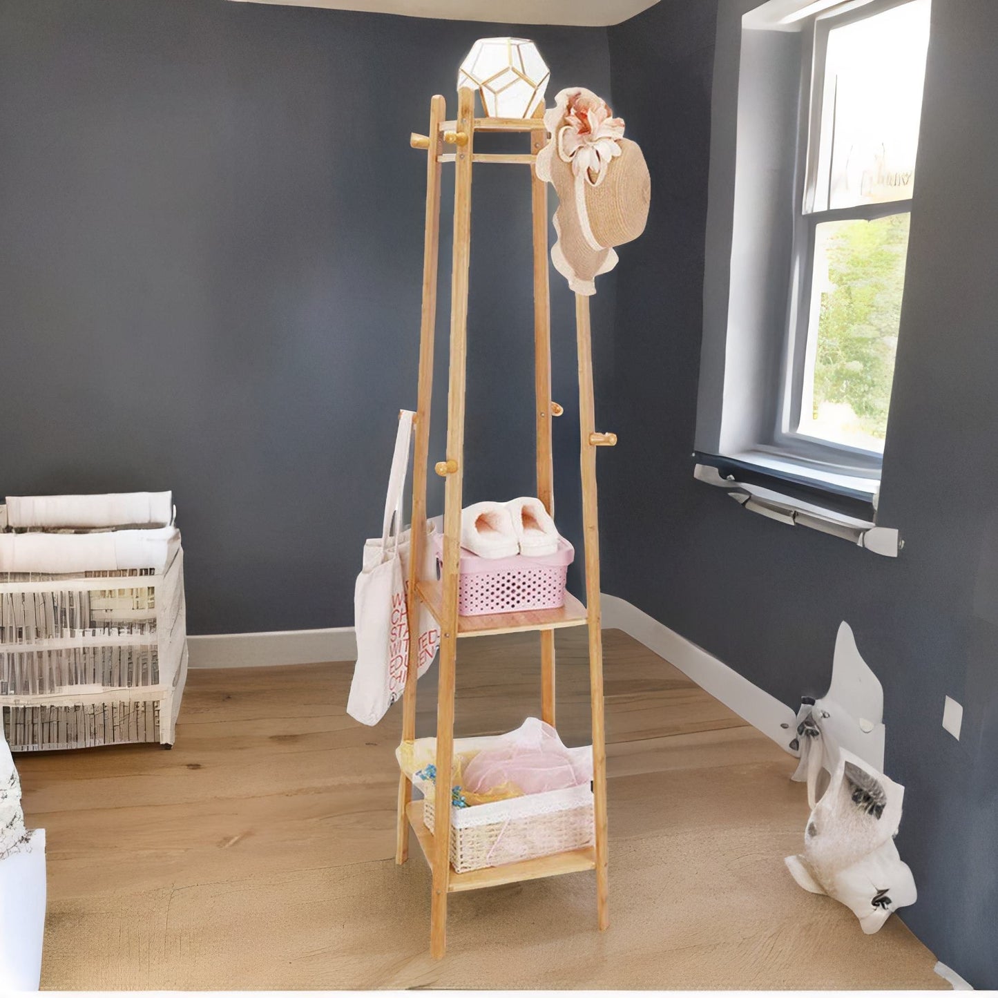 bamboo coat rack stand with 3 shelves