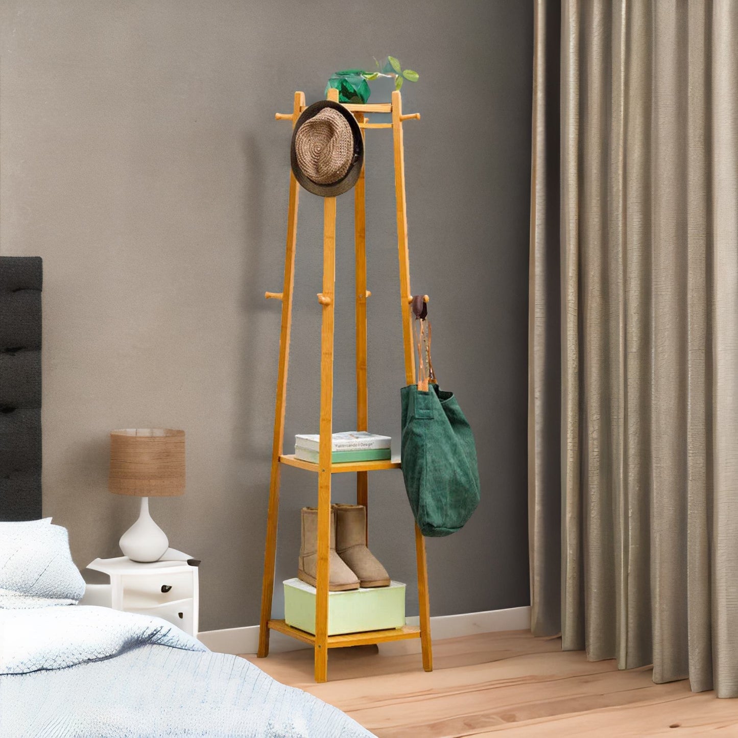 bamboo coat rack stand with 3 shelves