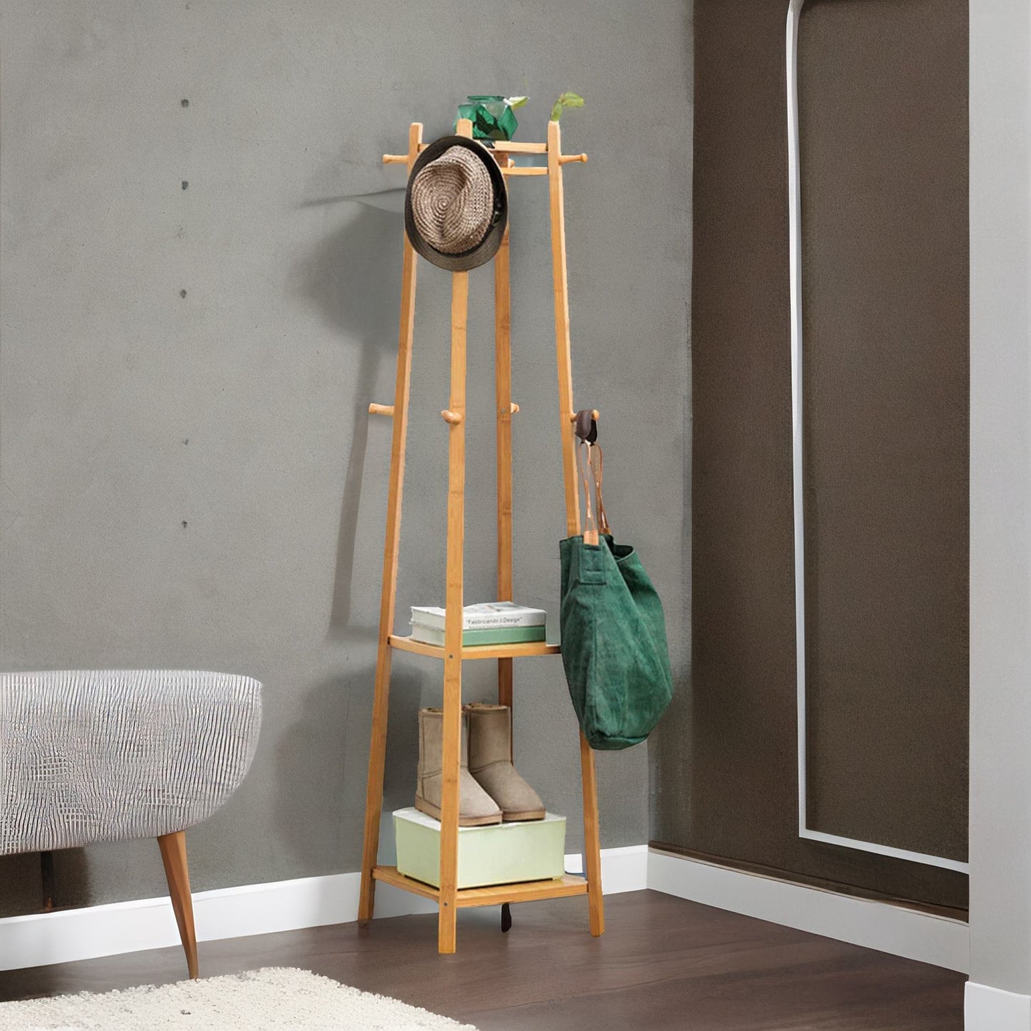 bamboo coat rack stand with 3 shelves