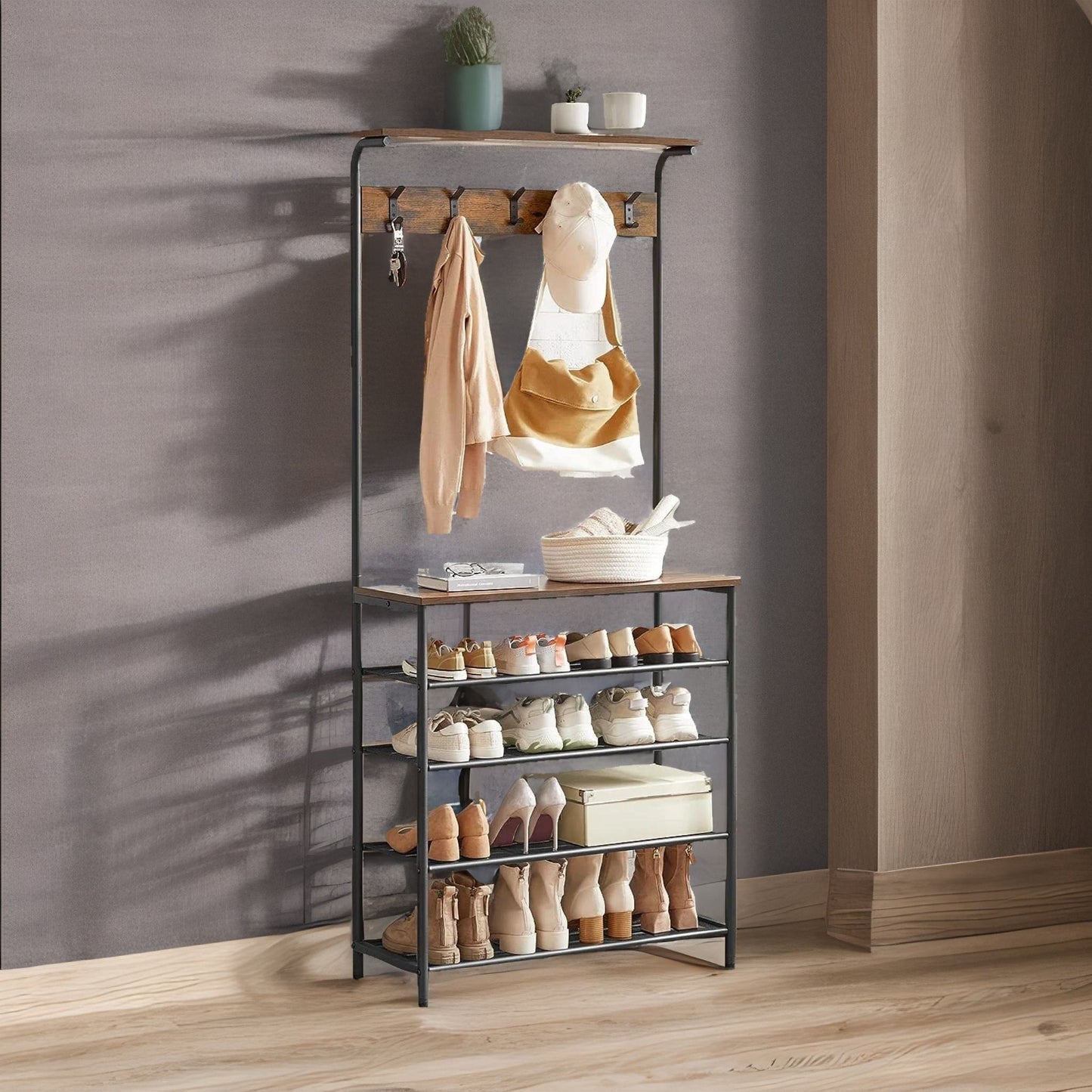 industrial rustic hallway tree coat stand with 5 tier shoe rack