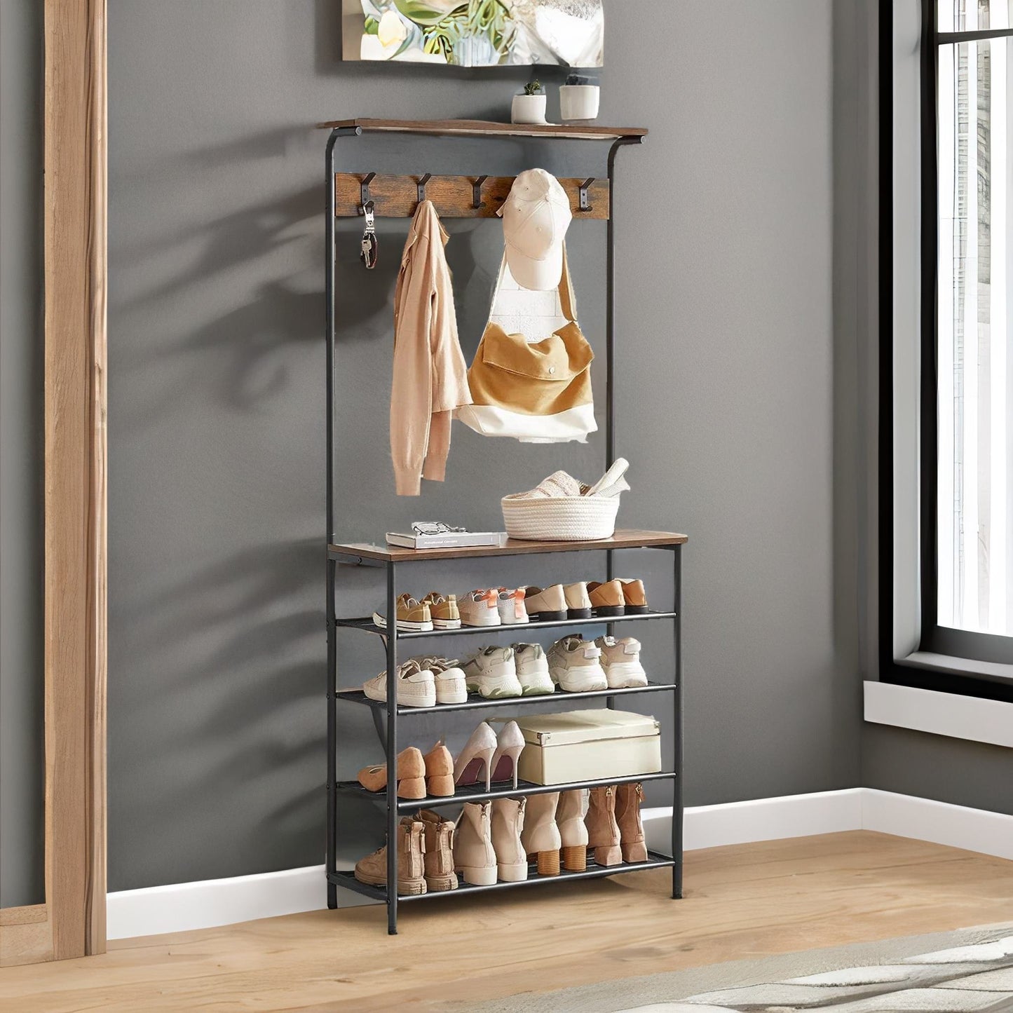 industrial rustic hallway tree coat stand with 5 tier shoe rack