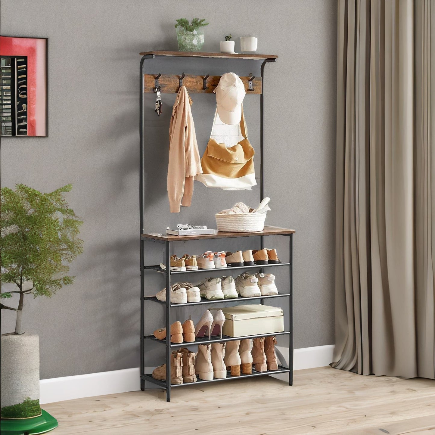 industrial rustic hallway tree coat stand with 5 tier shoe rack